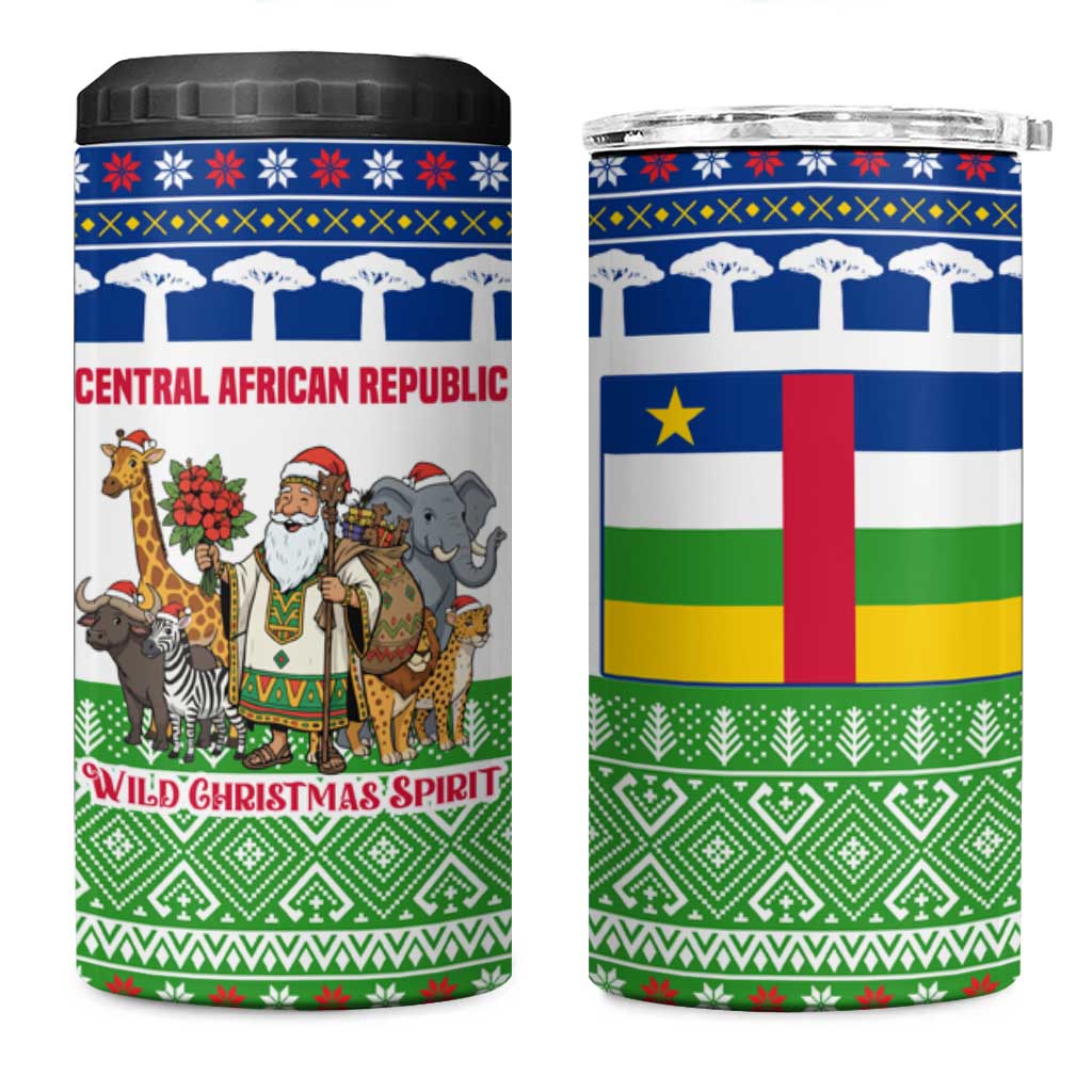 Central African Republic Christmas 4 in 1 Can Cooler Tumbler with Santa and Safari Animals Baobab Trees Snowflakes and Tribal Pattern - Wonder Print Shop