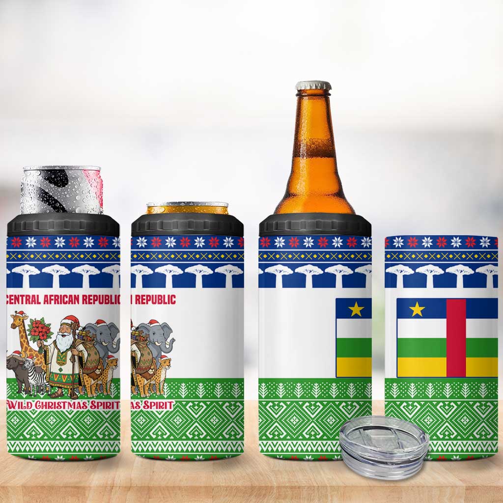 Central African Republic Christmas 4 in 1 Can Cooler Tumbler with Santa and Safari Animals Baobab Trees Snowflakes and Tribal Pattern - Wonder Print Shop