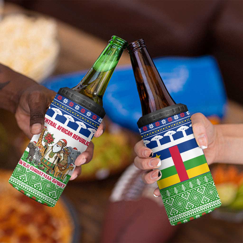 Central African Republic Christmas 4 in 1 Can Cooler Tumbler with Santa and Safari Animals Baobab Trees Snowflakes and Tribal Pattern - Wonder Print Shop