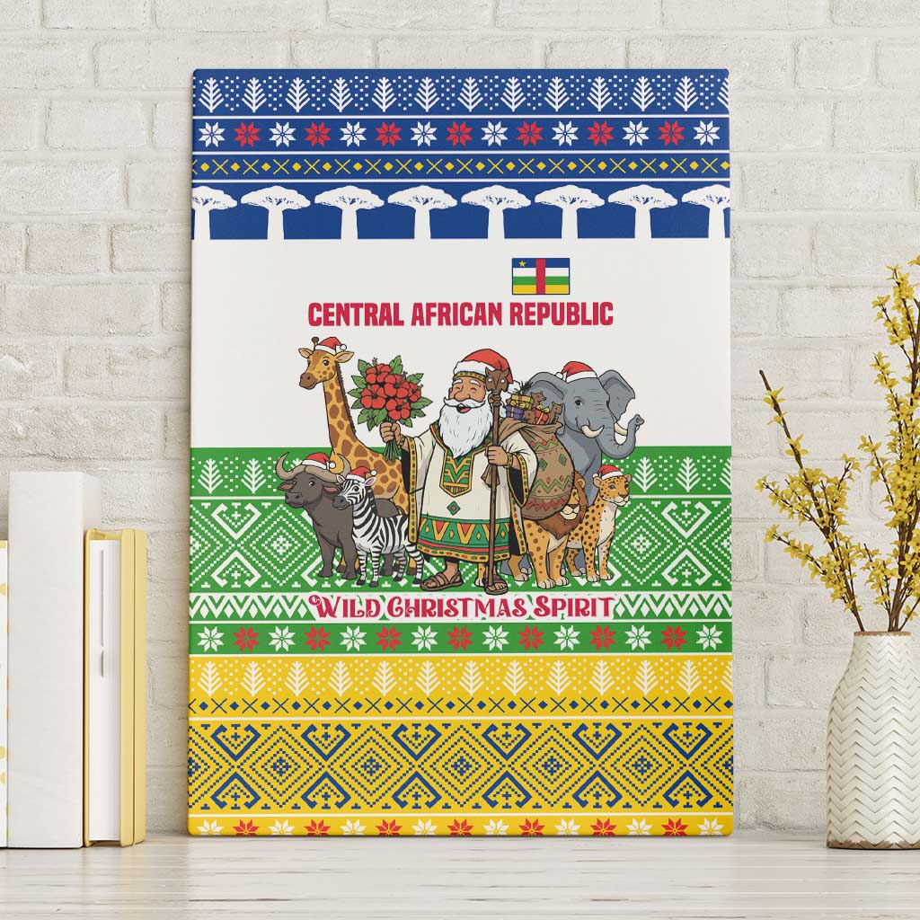Central African Republic Christmas Canvas Wall Art with Santa and Safari Animals Baobab Trees Snowflakes and Tribal Pattern - Wonder Print Shop