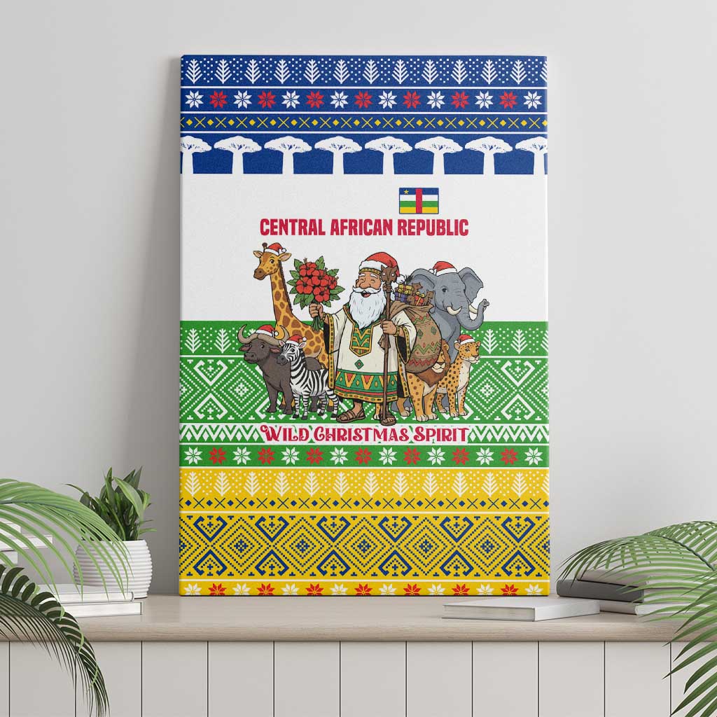 Central African Republic Christmas Canvas Wall Art with Santa and Safari Animals Baobab Trees Snowflakes and Tribal Pattern - Wonder Print Shop