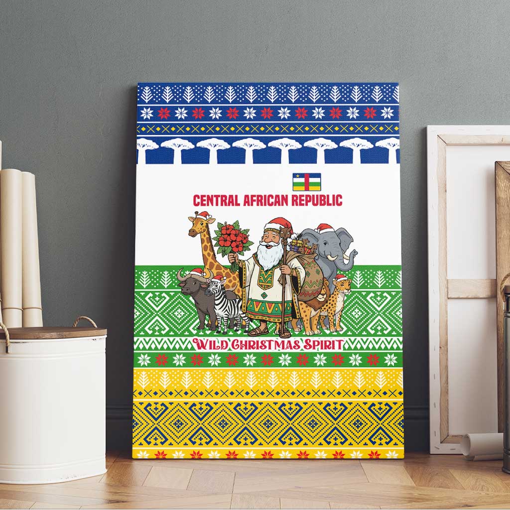 Central African Republic Christmas Canvas Wall Art with Santa and Safari Animals Baobab Trees Snowflakes and Tribal Pattern - Wonder Print Shop