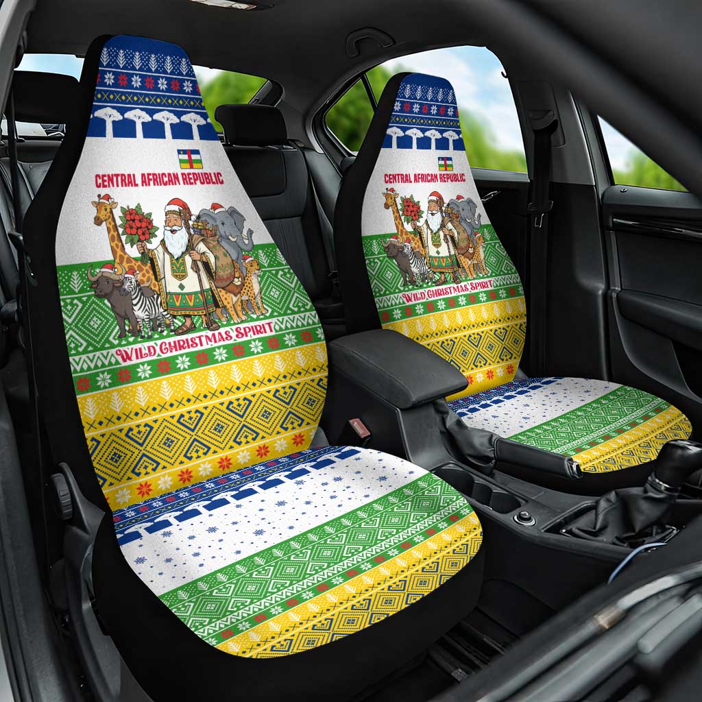 Central African Republic Christmas Car Seat Cover with Santa and Safari Animals Baobab Trees Snowflakes and Tribal Pattern - Wonder Print Shop