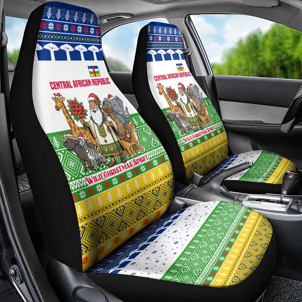 Central African Republic Christmas Car Seat Cover with Santa and Safari Animals Baobab Trees Snowflakes and Tribal Pattern - Wonder Print Shop