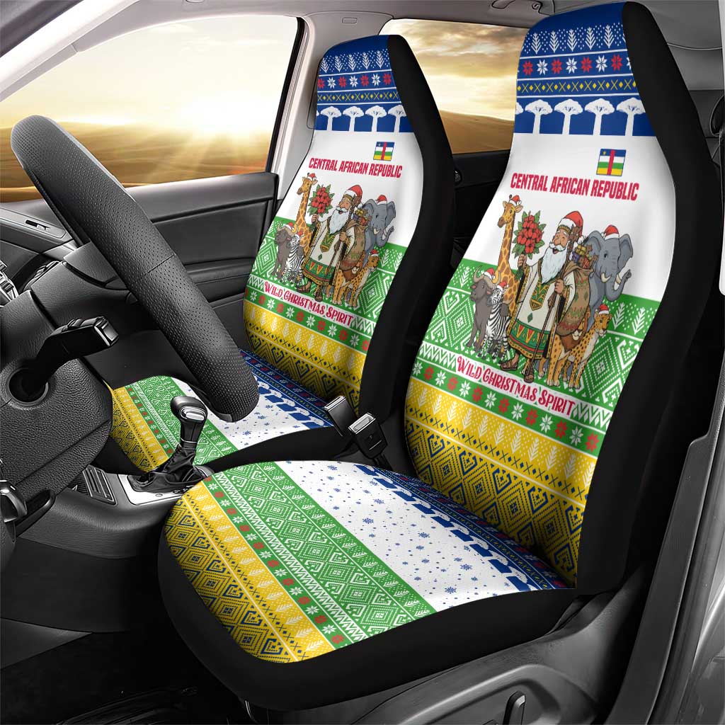 Central African Republic Christmas Car Seat Cover with Santa and Safari Animals Baobab Trees Snowflakes and Tribal Pattern - Wonder Print Shop