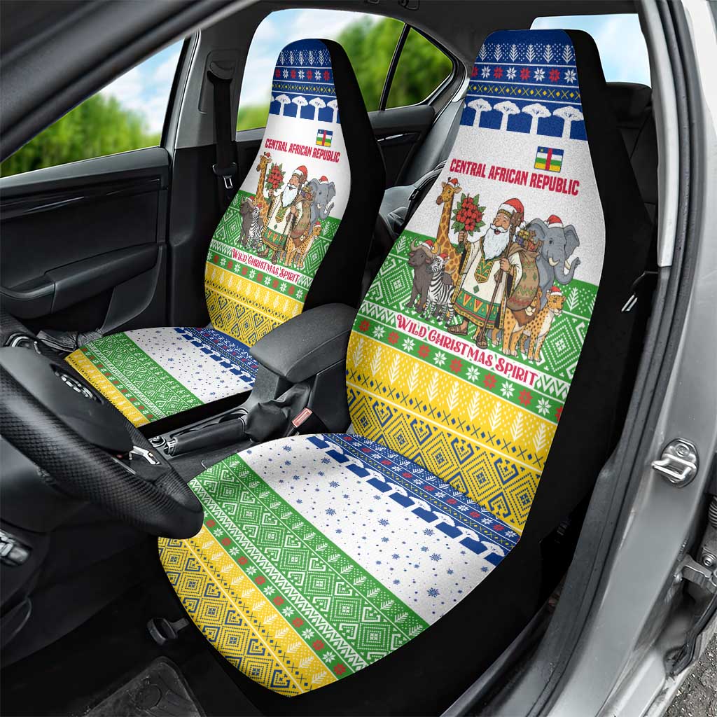 Central African Republic Christmas Car Seat Cover with Santa and Safari Animals Baobab Trees Snowflakes and Tribal Pattern - Wonder Print Shop