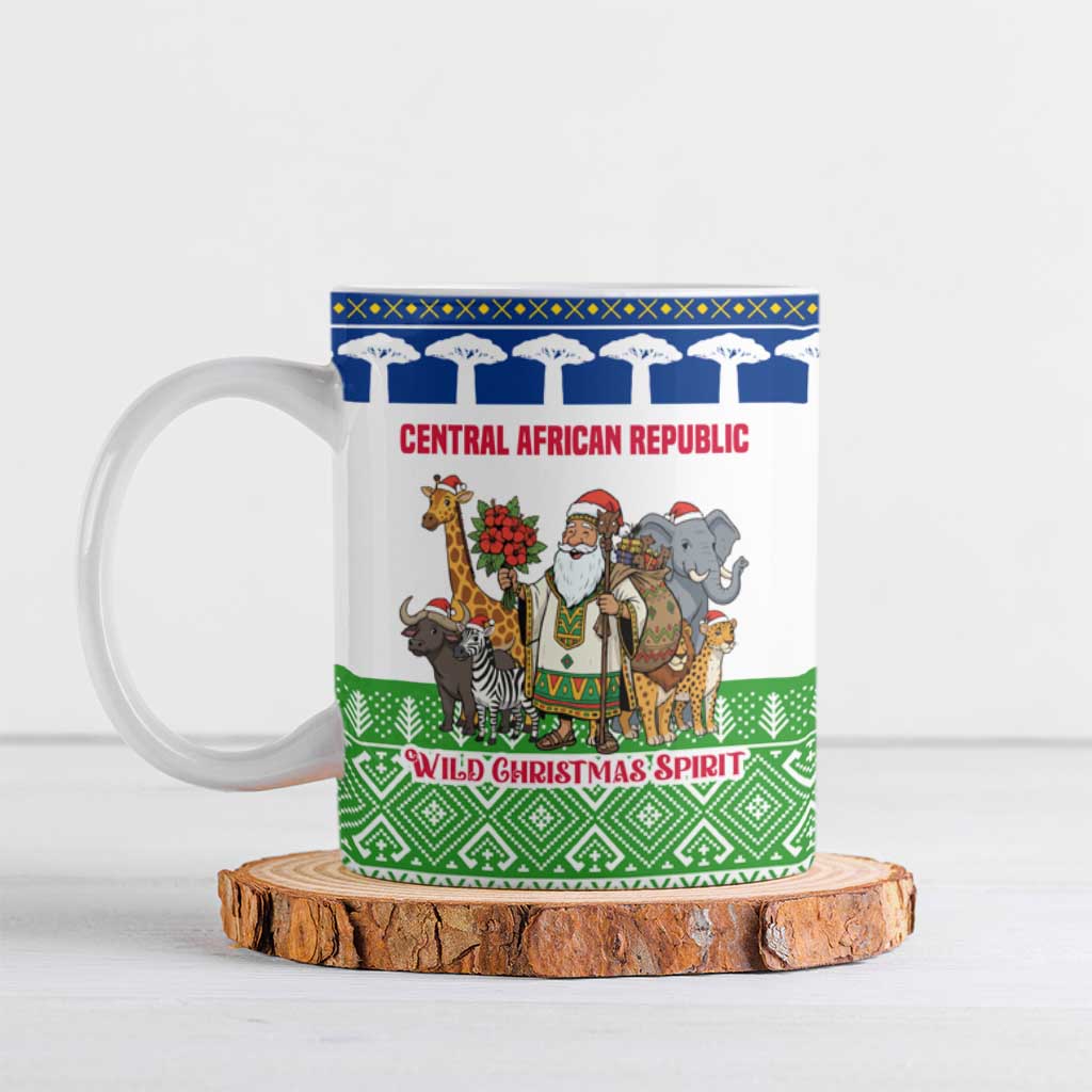 Central African Republic Christmas Ceramic Mug with Santa and Safari Animals Baobab Trees Snowflakes and Tribal Pattern - Wonder Print Shop