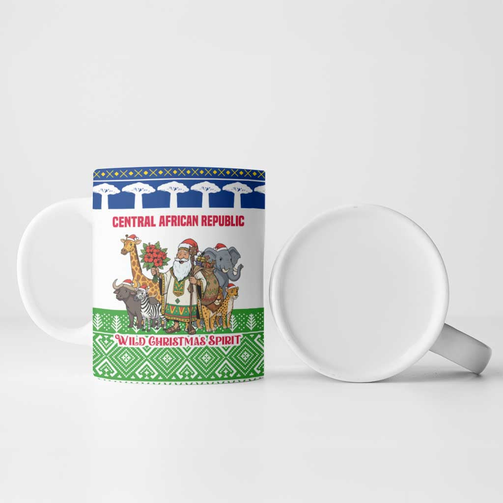 Central African Republic Christmas Ceramic Mug with Santa and Safari Animals Baobab Trees Snowflakes and Tribal Pattern - Wonder Print Shop