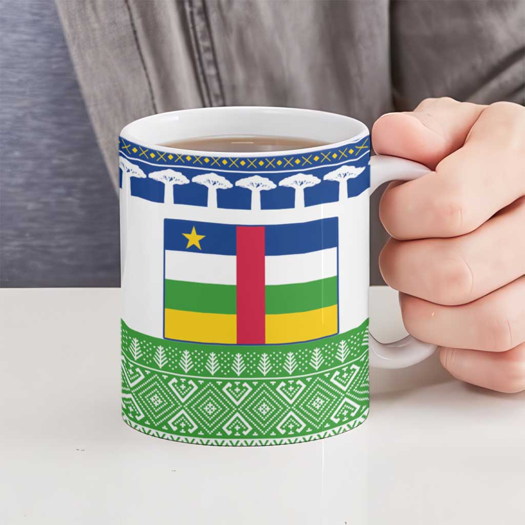 Central African Republic Christmas Ceramic Mug with Santa and Safari Animals Baobab Trees Snowflakes and Tribal Pattern - Wonder Print Shop