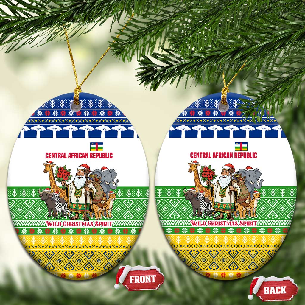 Central African Republic Christmas Ceramic Ornament with Santa and Safari Animals Baobab Trees Snowflakes and Tribal Pattern - Wonder Print Shop