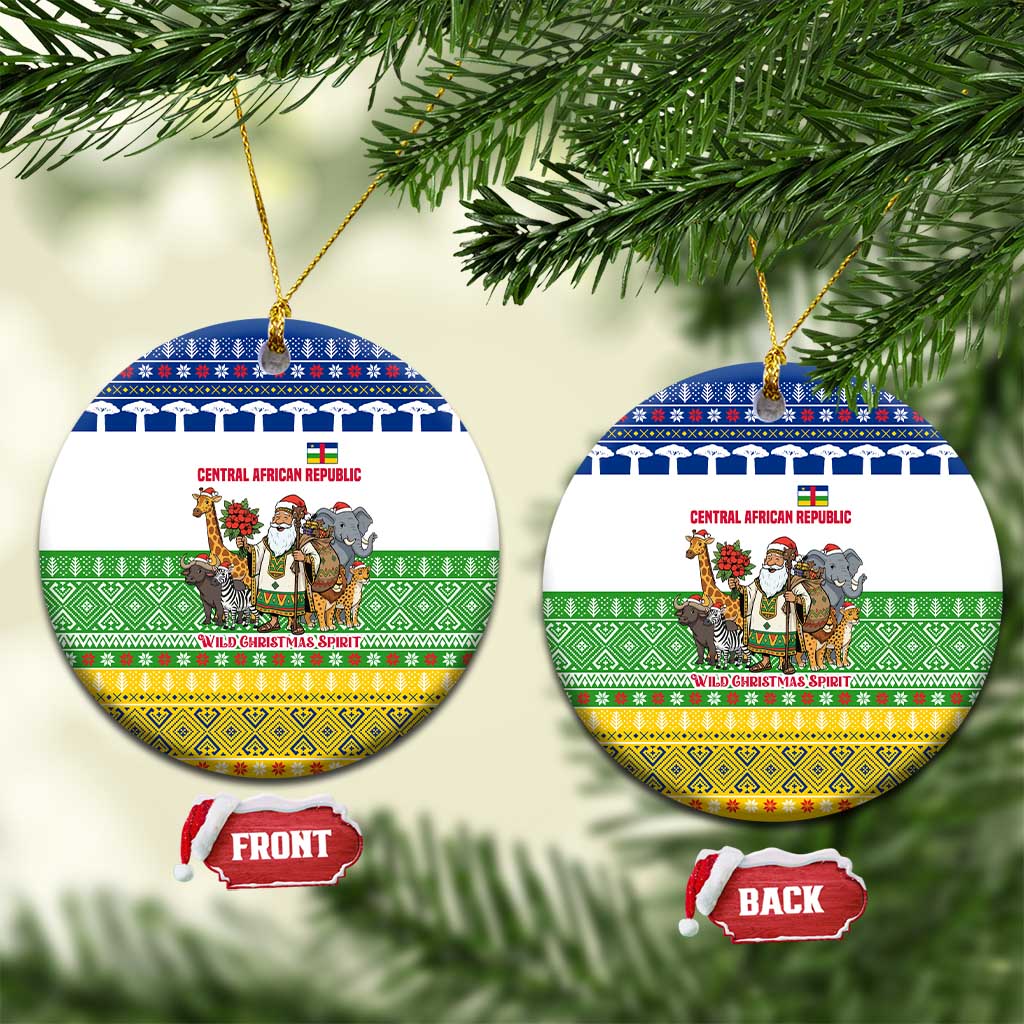 Central African Republic Christmas Ceramic Ornament with Santa and Safari Animals Baobab Trees Snowflakes and Tribal Pattern - Wonder Print Shop