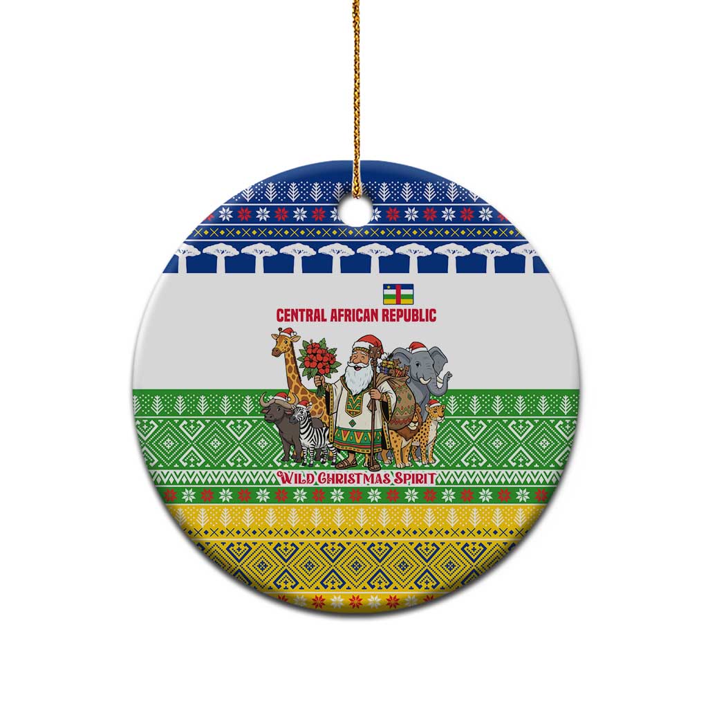 Central African Republic Christmas Ceramic Ornament with Santa and Safari Animals Baobab Trees Snowflakes and Tribal Pattern - Wonder Print Shop