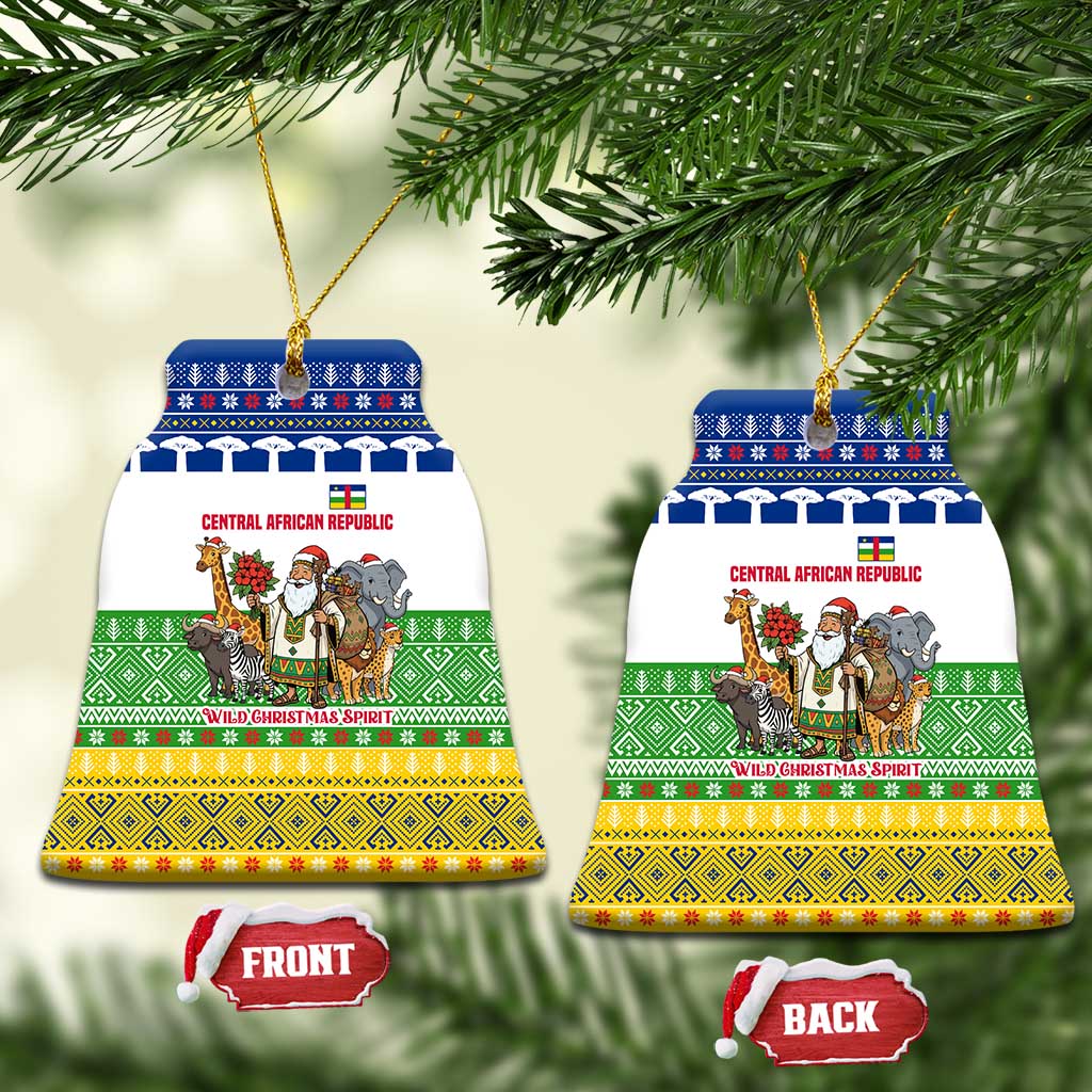 Central African Republic Christmas Ceramic Ornament with Santa and Safari Animals Baobab Trees Snowflakes and Tribal Pattern - Wonder Print Shop