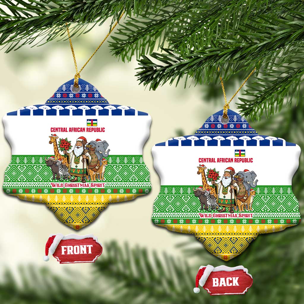 Central African Republic Christmas Ceramic Ornament with Santa and Safari Animals Baobab Trees Snowflakes and Tribal Pattern - Wonder Print Shop