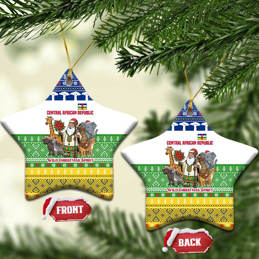 Central African Republic Christmas Ceramic Ornament with Santa and Safari Animals Baobab Trees Snowflakes and Tribal Pattern - Wonder Print Shop