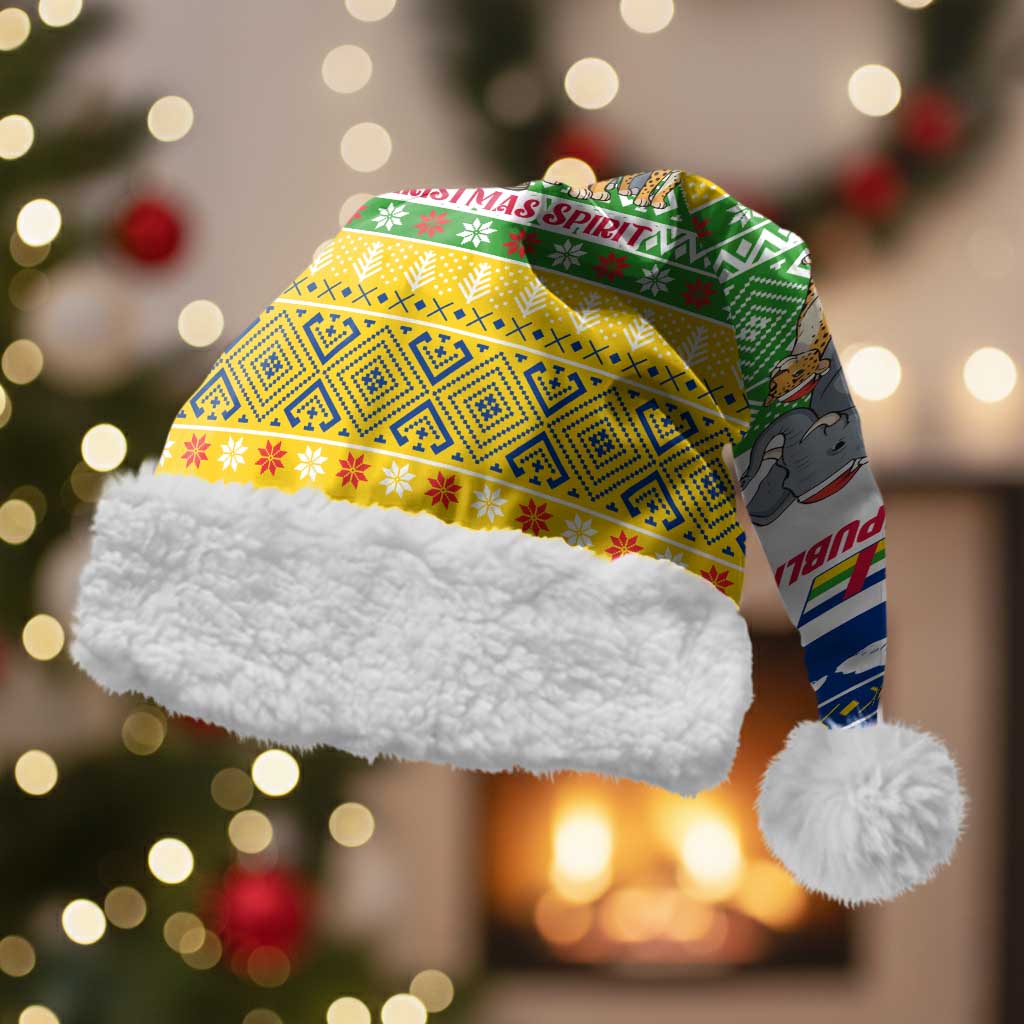 Central African Republic Christmas Santa Hat with Santa and Safari Animals Baobab Trees Snowflakes and Tribal Pattern - Wonder Print Shop