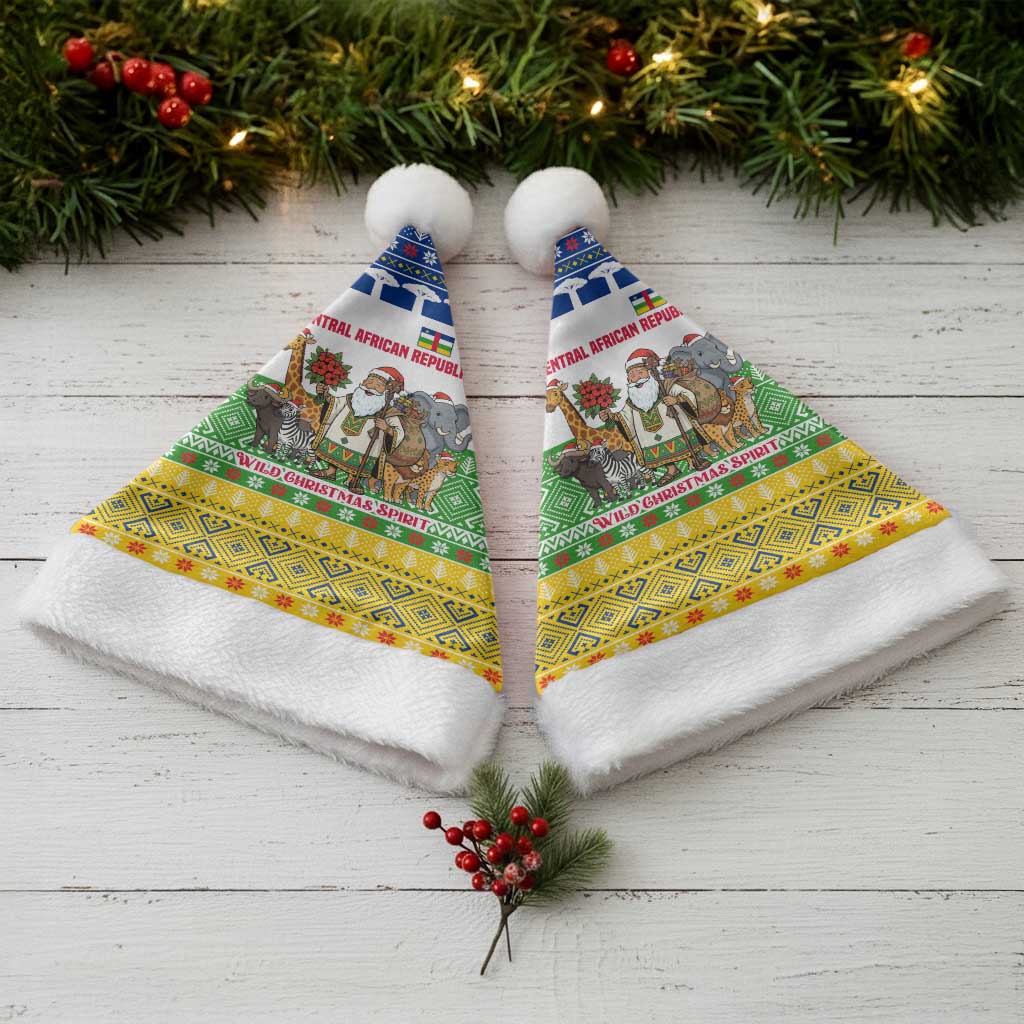 Central African Republic Christmas Santa Hat with Santa and Safari Animals Baobab Trees Snowflakes and Tribal Pattern - Wonder Print Shop