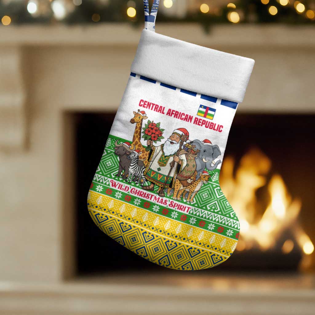 Central African Republic Christmas Stocking with Santa and Safari Animals Baobab Trees Snowflakes and Tribal Pattern - Wonder Print Shop