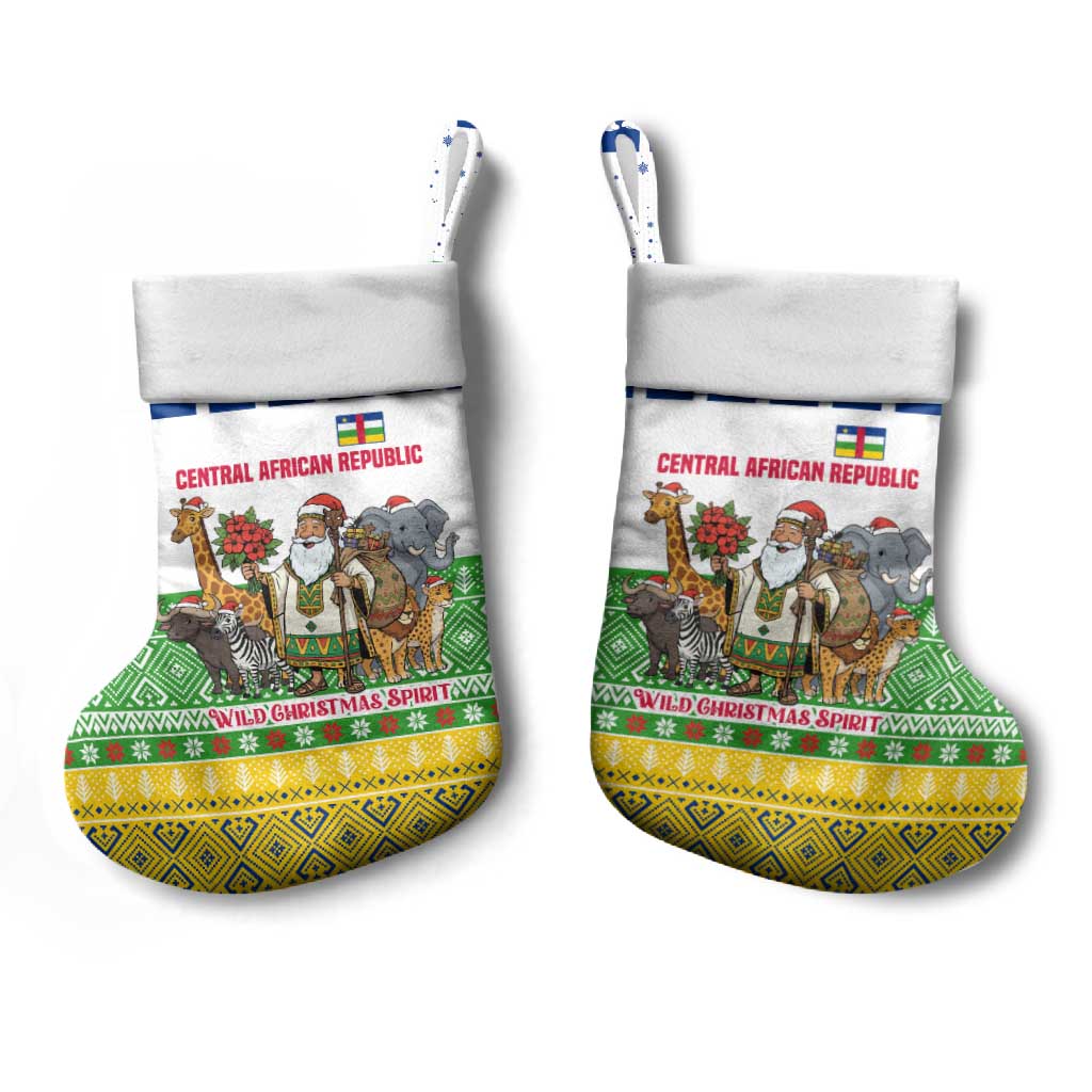 Central African Republic Christmas Stocking with Santa and Safari Animals Baobab Trees Snowflakes and Tribal Pattern - Wonder Print Shop