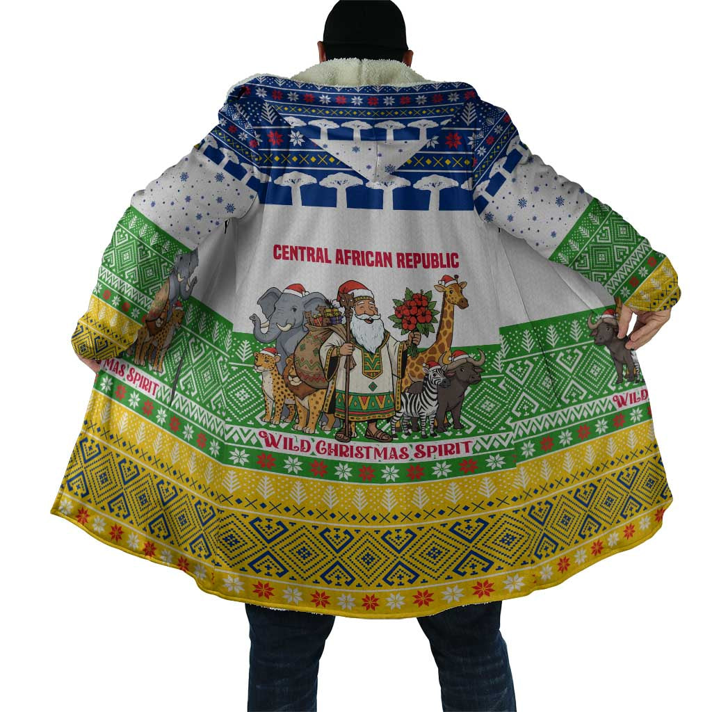 Central African Republic Christmas Cloak with Santa and Safari Animals Baobab Trees Snowflakes and Tribal Pattern - Wonder Print Shop