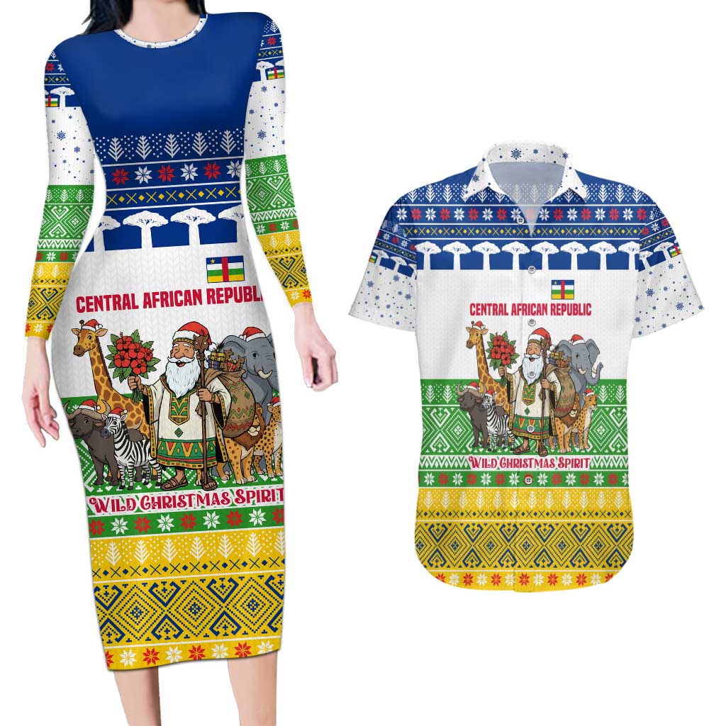 Central African Republic Christmas Couples Matching Long Sleeve Bodycon Dress and Hawaiian Shirt with Santa and Safari Animals Baobab Trees Snowflakes and Tribal Pattern - Wonder Print Shop