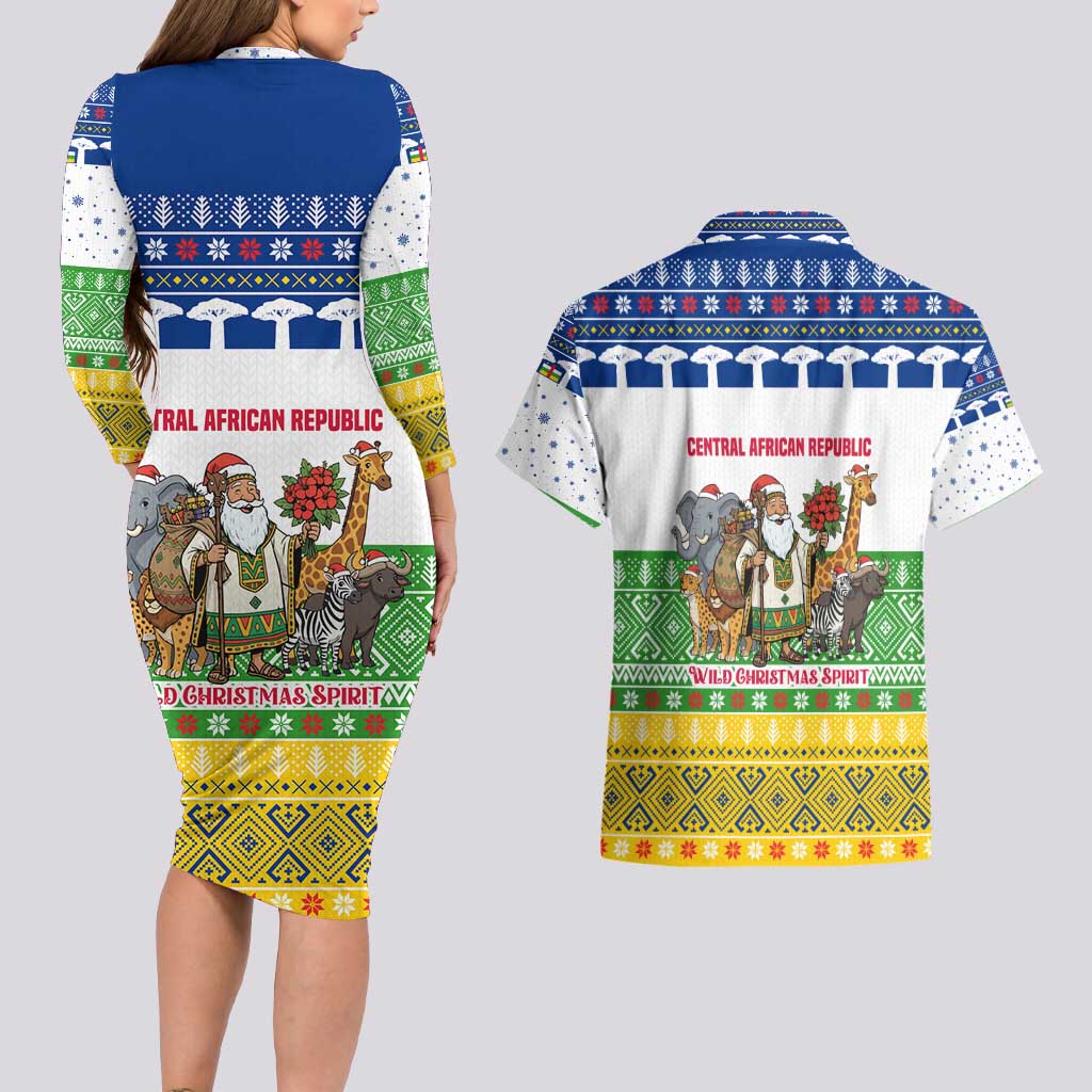 Central African Republic Christmas Couples Matching Long Sleeve Bodycon Dress and Hawaiian Shirt with Santa and Safari Animals Baobab Trees Snowflakes and Tribal Pattern - Wonder Print Shop