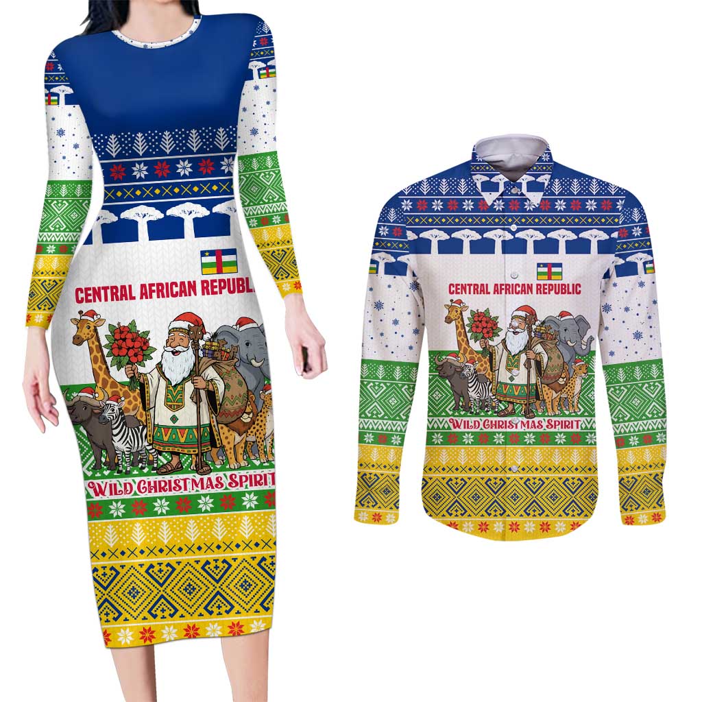 Central African Republic Christmas Couples Matching Long Sleeve Bodycon Dress and Long Sleeve Button Shirt with Santa and Safari Animals Baobab Trees Snowflakes and Tribal Pattern - Wonder Print Shop