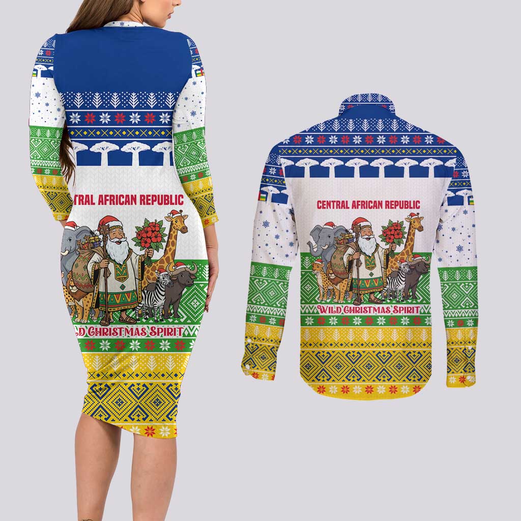 Central African Republic Christmas Couples Matching Long Sleeve Bodycon Dress and Long Sleeve Button Shirt with Santa and Safari Animals Baobab Trees Snowflakes and Tribal Pattern - Wonder Print Shop