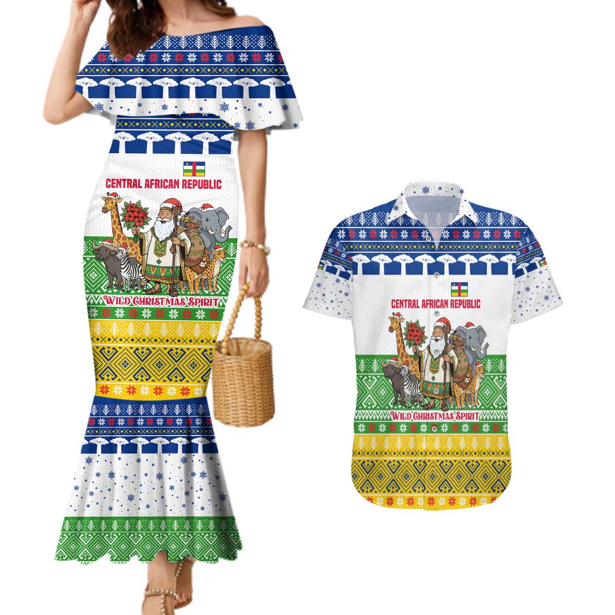Central African Republic Christmas Couples Matching Mermaid Dress and Hawaiian Shirt with Santa and Safari Animals Baobab Trees Snowflakes and Tribal Pattern - Wonder Print Shop