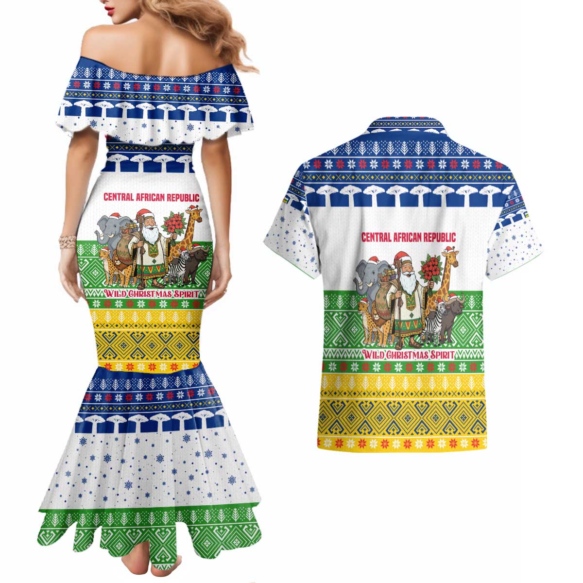 Central African Republic Christmas Couples Matching Mermaid Dress and Hawaiian Shirt with Santa and Safari Animals Baobab Trees Snowflakes and Tribal Pattern - Wonder Print Shop