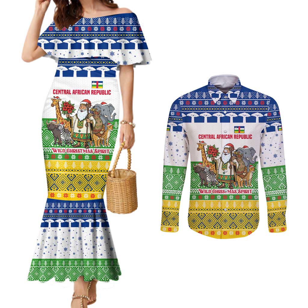 Central African Republic Christmas Couples Matching Mermaid Dress and Long Sleeve Button Shirt with Santa and Safari Animals Baobab Trees Snowflakes and Tribal Pattern - Wonder Print Shop