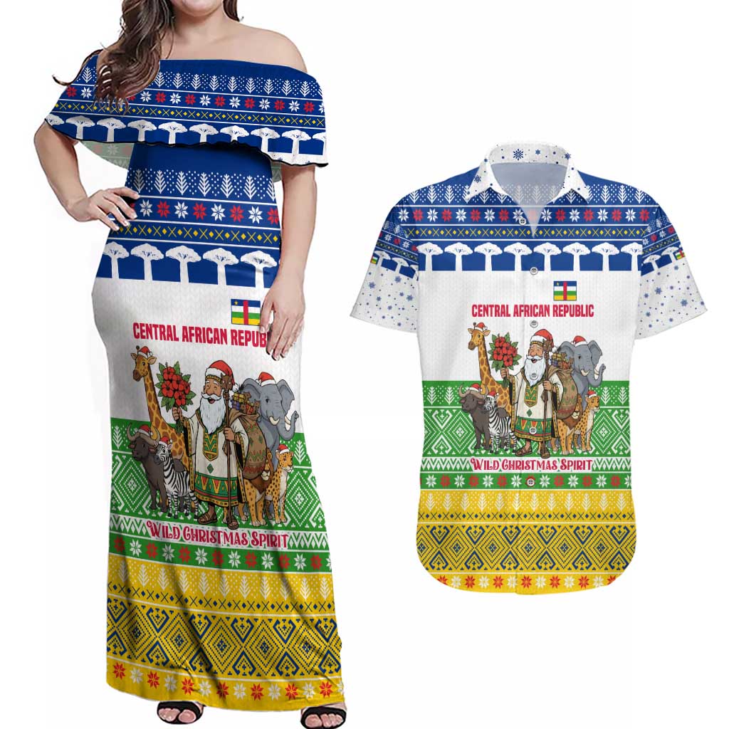 Central African Republic Christmas Couples Matching Off Shoulder Maxi Dress and Hawaiian Shirt with Santa and Safari Animals Baobab Trees Snowflakes and Tribal Pattern - Wonder Print Shop
