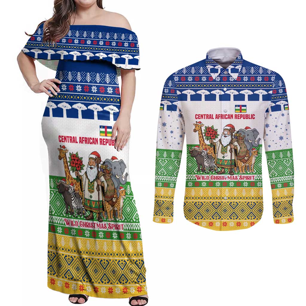 Central African Republic Christmas Couples Matching Off Shoulder Maxi Dress and Long Sleeve Button Shirt with Santa and Safari Animals Baobab Trees Snowflakes and Tribal Pattern - Wonder Print Shop