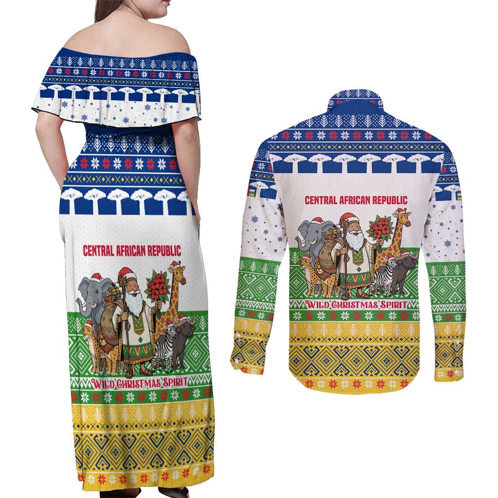 Central African Republic Christmas Couples Matching Off Shoulder Maxi Dress and Long Sleeve Button Shirt with Santa and Safari Animals Baobab Trees Snowflakes and Tribal Pattern - Wonder Print Shop