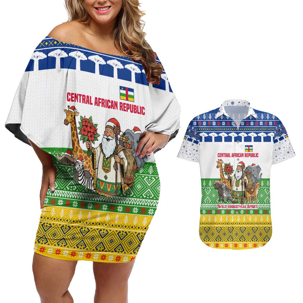 Central African Republic Christmas Couples Matching Off Shoulder Short Dress and Hawaiian Shirt with Santa and Safari Animals Baobab Trees Snowflakes and Tribal Pattern - Wonder Print Shop