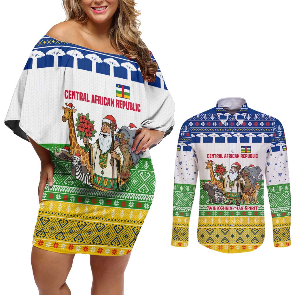 Central African Republic Christmas Couples Matching Off Shoulder Short Dress and Long Sleeve Button Shirt with Santa and Safari Animals Baobab Trees Snowflakes and Tribal Pattern - Wonder Print Shop