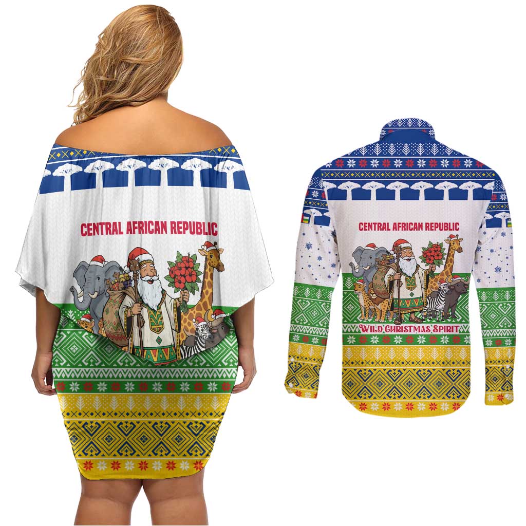 Central African Republic Christmas Couples Matching Off Shoulder Short Dress and Long Sleeve Button Shirt with Santa and Safari Animals Baobab Trees Snowflakes and Tribal Pattern - Wonder Print Shop