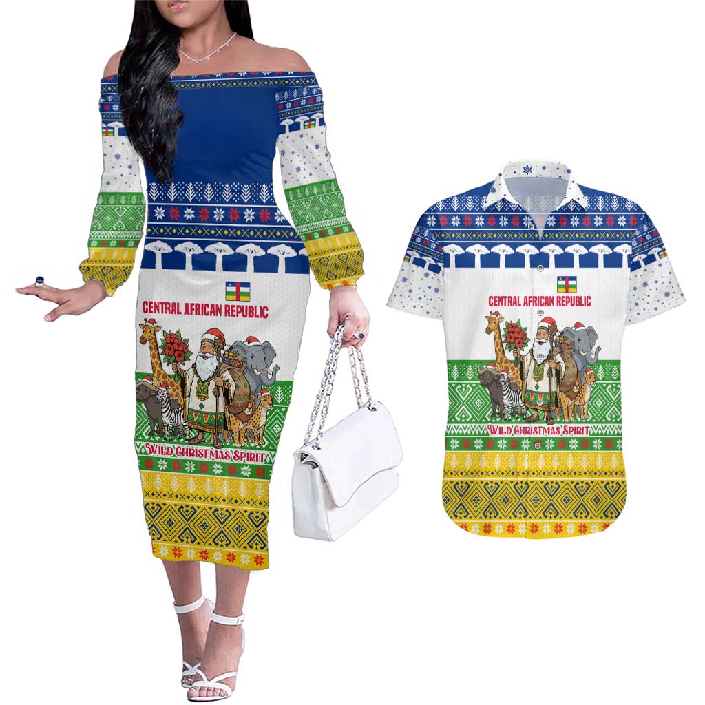 Central African Republic Christmas Couples Matching Off The Shoulder Long Sleeve Dress and Hawaiian Shirt with Santa and Safari Animals Baobab Trees Snowflakes and Tribal Pattern - Wonder Print Shop