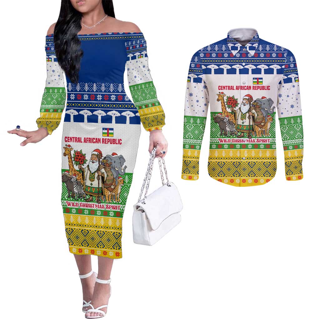 Central African Republic Christmas Couples Matching Off The Shoulder Long Sleeve Dress and Long Sleeve Button Shirt with Santa and Safari Animals Baobab Trees Snowflakes and Tribal Pattern - Wonder Print Shop