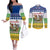 Central African Republic Christmas Couples Matching Off The Shoulder Long Sleeve Dress and Long Sleeve Button Shirt with Santa and Safari Animals Baobab Trees Snowflakes and Tribal Pattern - Wonder Print Shop