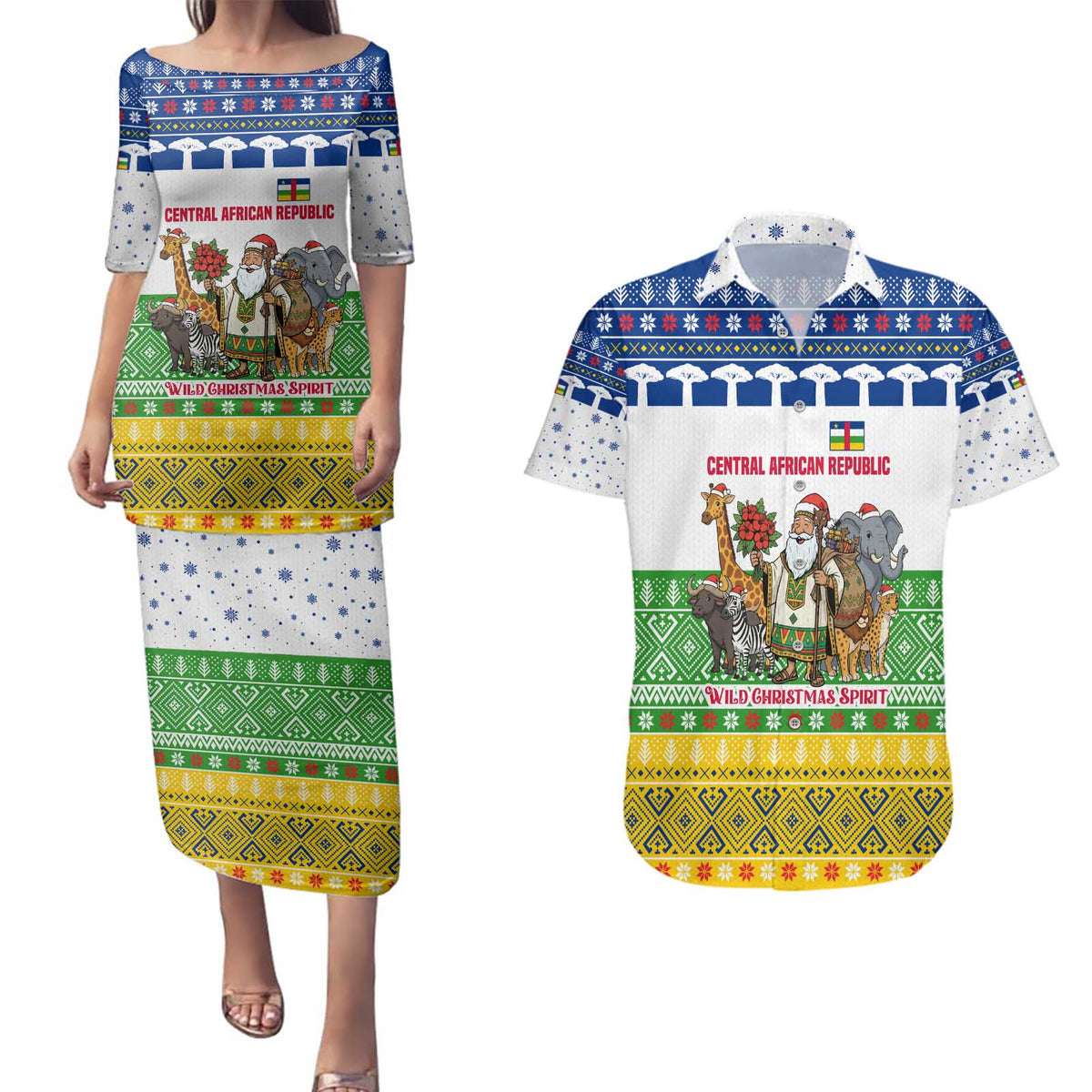 Central African Republic Christmas Couples Matching Puletasi and Hawaiian Shirt with Santa and Safari Animals Baobab Trees Snowflakes and Tribal Pattern - Wonder Print Shop