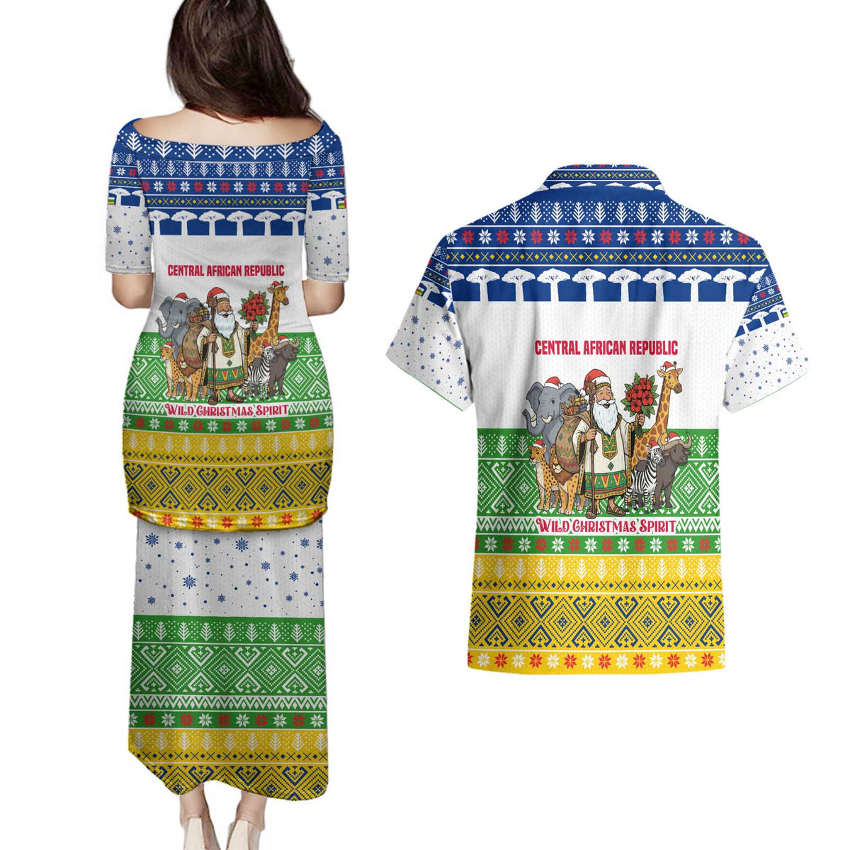 Central African Republic Christmas Couples Matching Puletasi and Hawaiian Shirt with Santa and Safari Animals Baobab Trees Snowflakes and Tribal Pattern - Wonder Print Shop