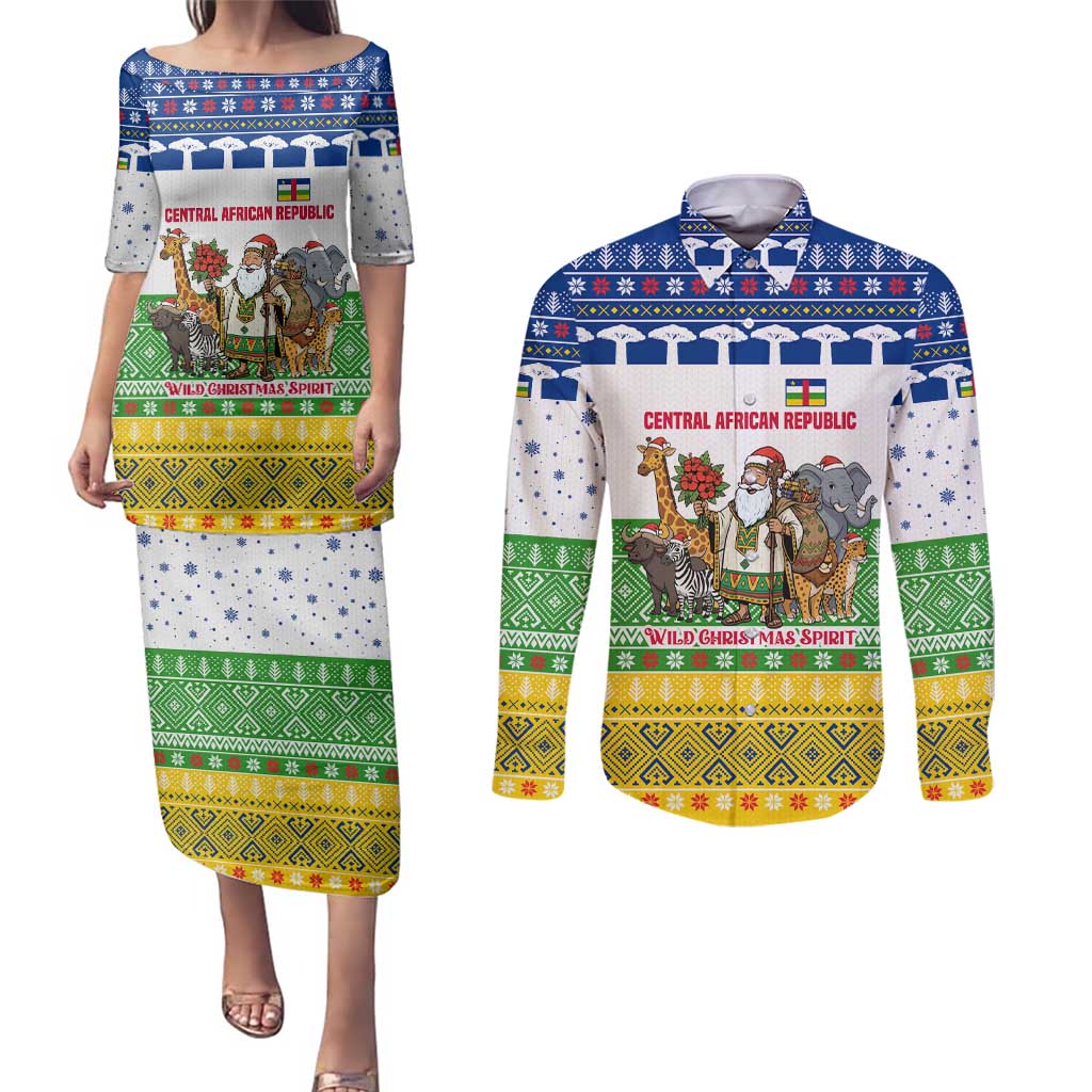 Central African Republic Christmas Couples Matching Puletasi and Long Sleeve Button Shirt with Santa and Safari Animals Baobab Trees Snowflakes and Tribal Pattern - Wonder Print Shop