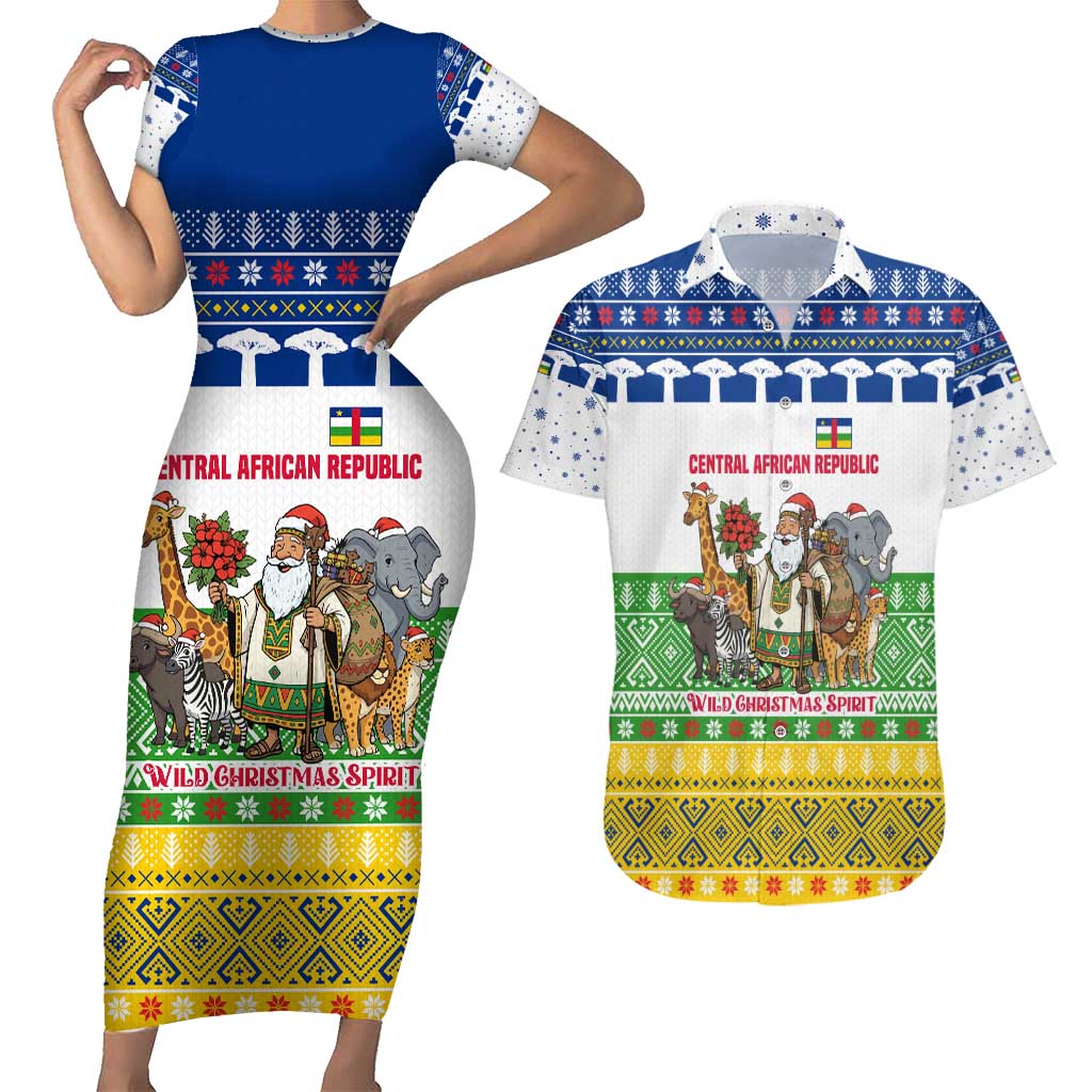 Central African Republic Christmas Couples Matching Short Sleeve Bodycon Dress and Hawaiian Shirt with Santa and Safari Animals Baobab Trees Snowflakes and Tribal Pattern - Wonder Print Shop