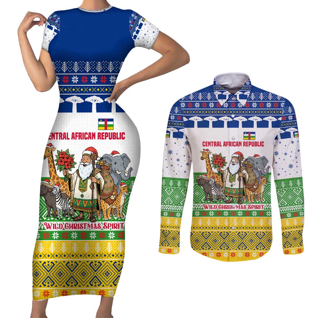 Central African Republic Christmas Couples Matching Short Sleeve Bodycon Dress and Long Sleeve Button Shirt with Santa and Safari Animals Baobab Trees Snowflakes and Tribal Pattern - Wonder Print Shop