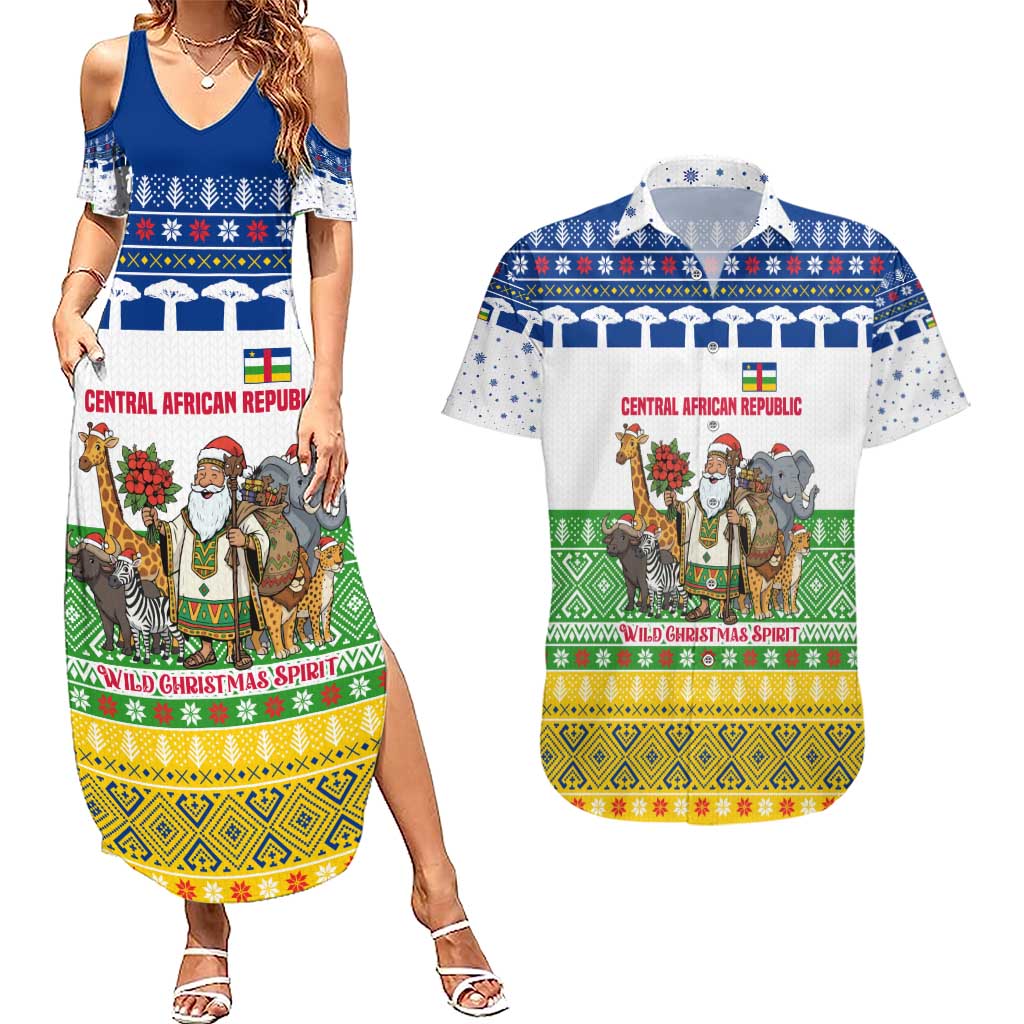 Central African Republic Christmas Couples Matching Summer Maxi Dress and Hawaiian Shirt with Santa and Safari Animals Baobab Trees Snowflakes and Tribal Pattern - Wonder Print Shop