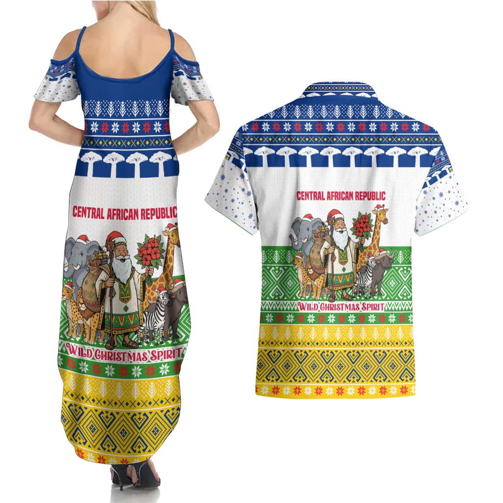 Central African Republic Christmas Couples Matching Summer Maxi Dress and Hawaiian Shirt with Santa and Safari Animals Baobab Trees Snowflakes and Tribal Pattern - Wonder Print Shop