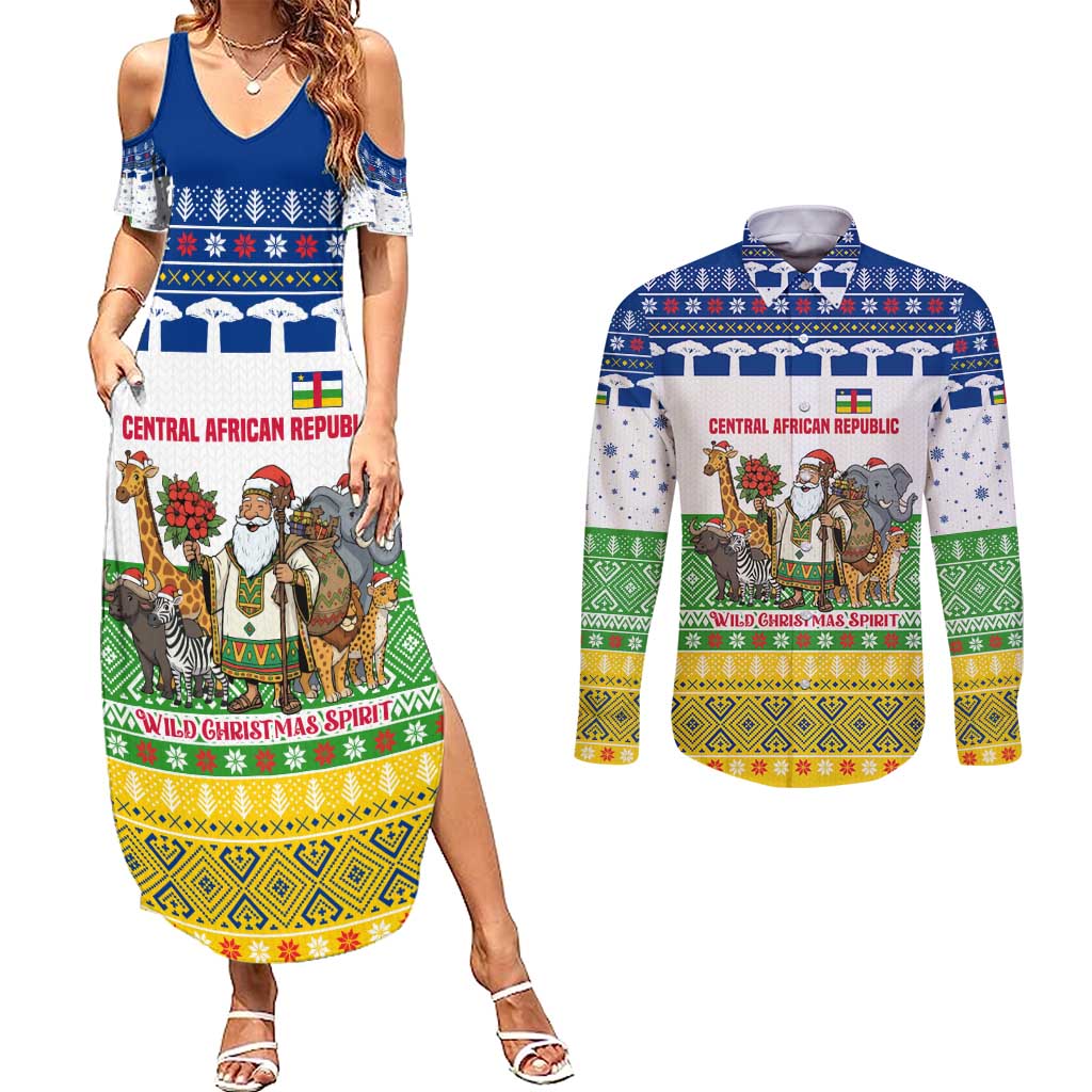 Central African Republic Christmas Couples Matching Summer Maxi Dress and Long Sleeve Button Shirt with Santa and Safari Animals Baobab Trees Snowflakes and Tribal Pattern - Wonder Print Shop
