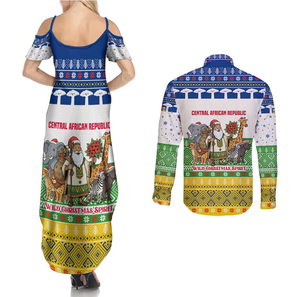 Central African Republic Christmas Couples Matching Summer Maxi Dress and Long Sleeve Button Shirt with Santa and Safari Animals Baobab Trees Snowflakes and Tribal Pattern - Wonder Print Shop