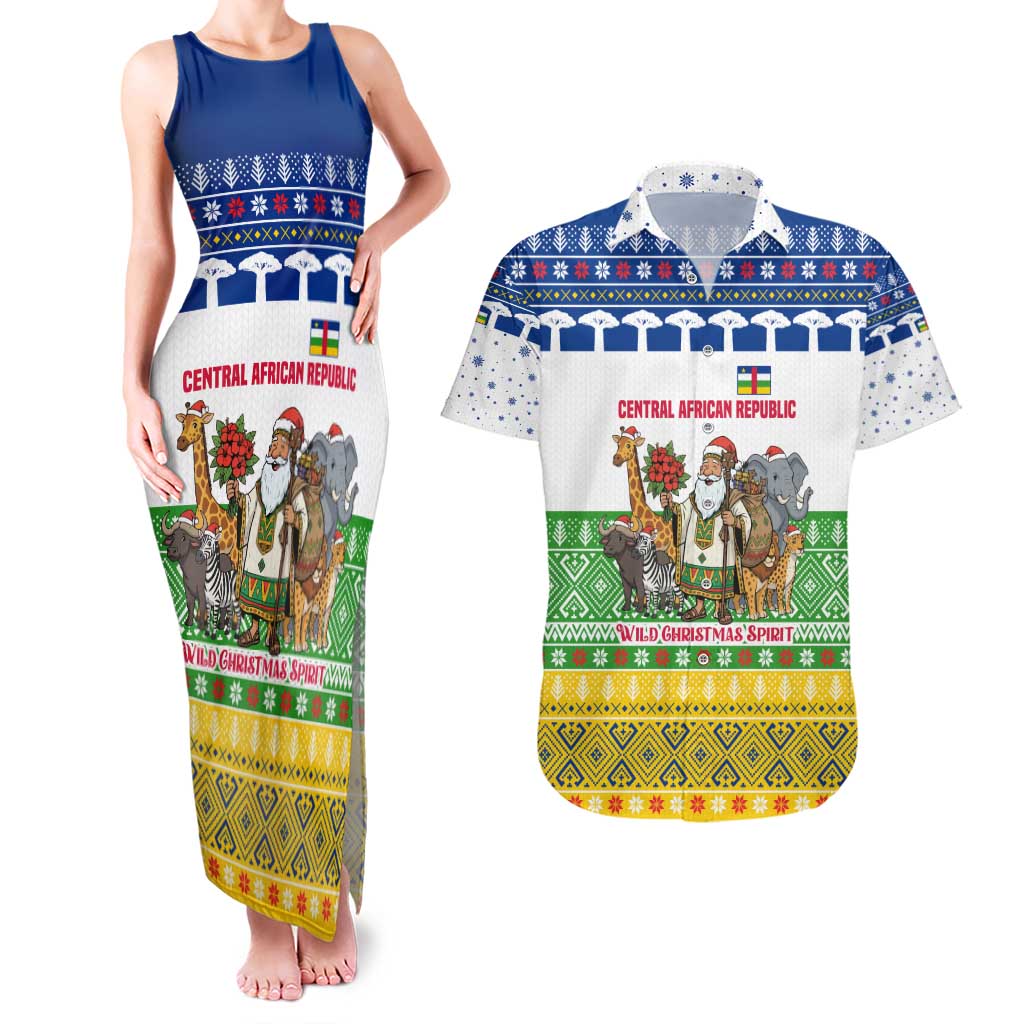 Central African Republic Christmas Couples Matching Tank Maxi Dress and Hawaiian Shirt with Santa and Safari Animals Baobab Trees Snowflakes and Tribal Pattern - Wonder Print Shop